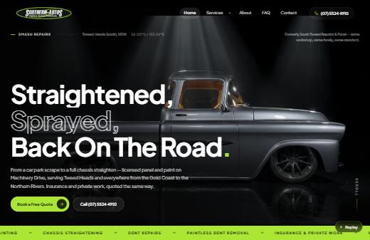 The Southern Autos website — &ldquo;Straightened, sprayed, back on the road.&rdquo;